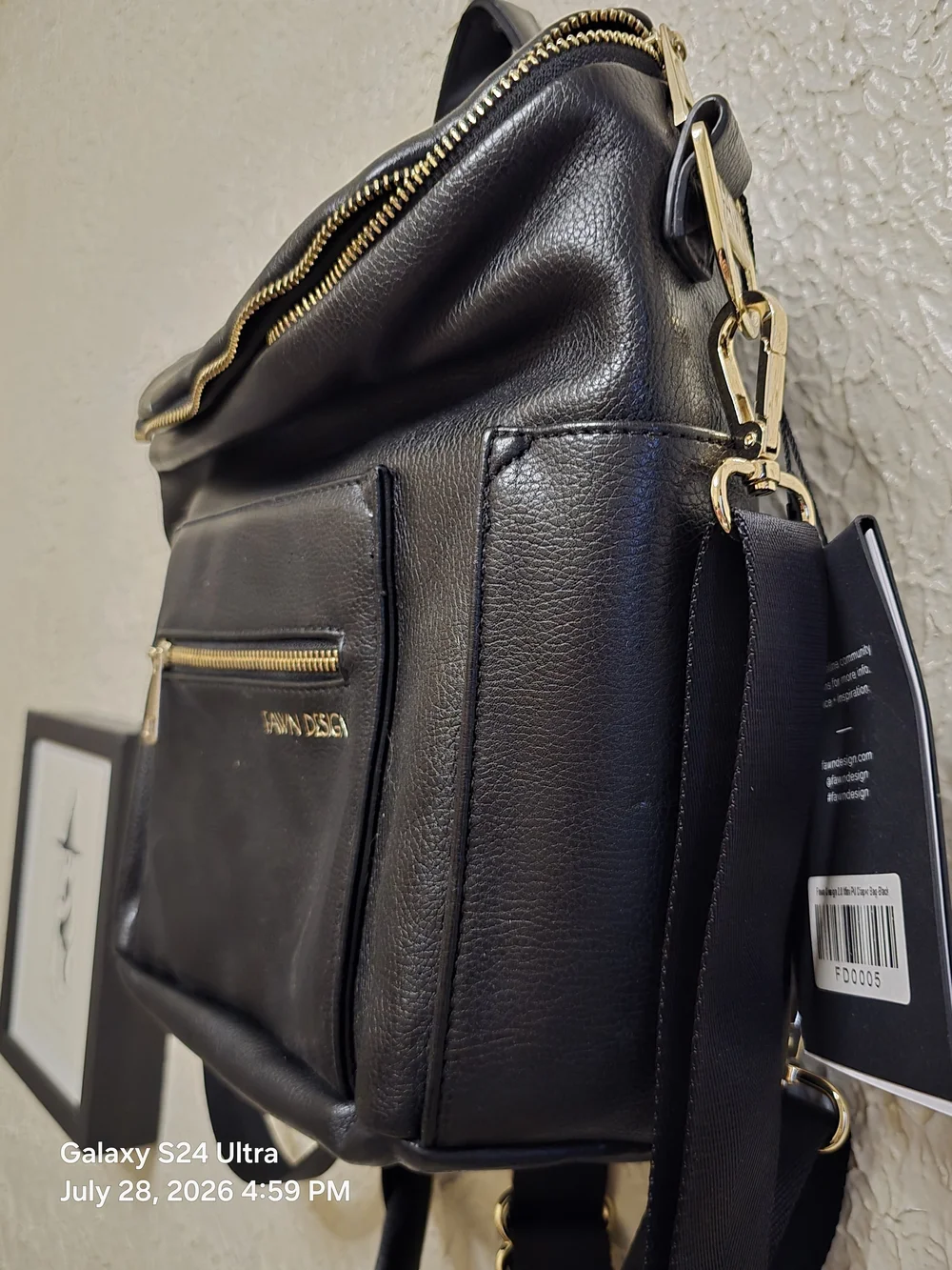 Fawn Design Black Leather Backpack with Gold Hardware